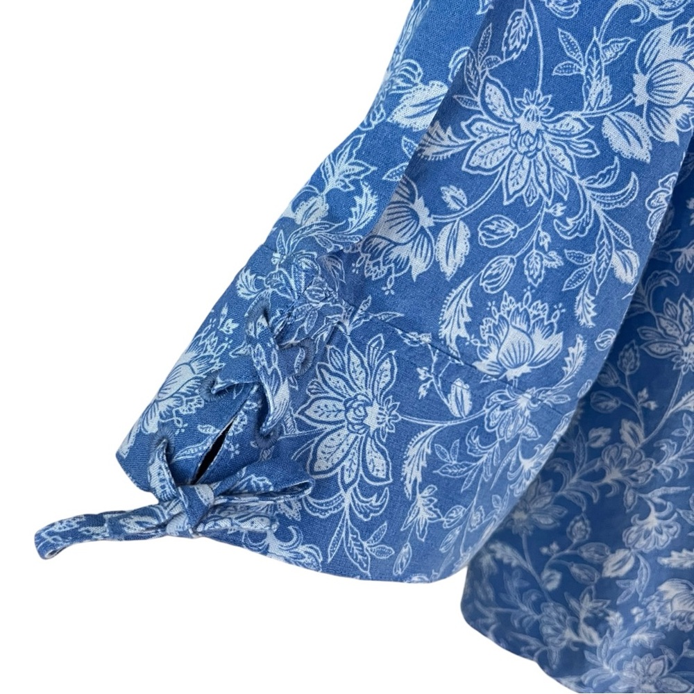 J Jill Blue White Floral Linen Blend Size Large Boho Lightweight Flowy Top NWT - Picture 3 of 6